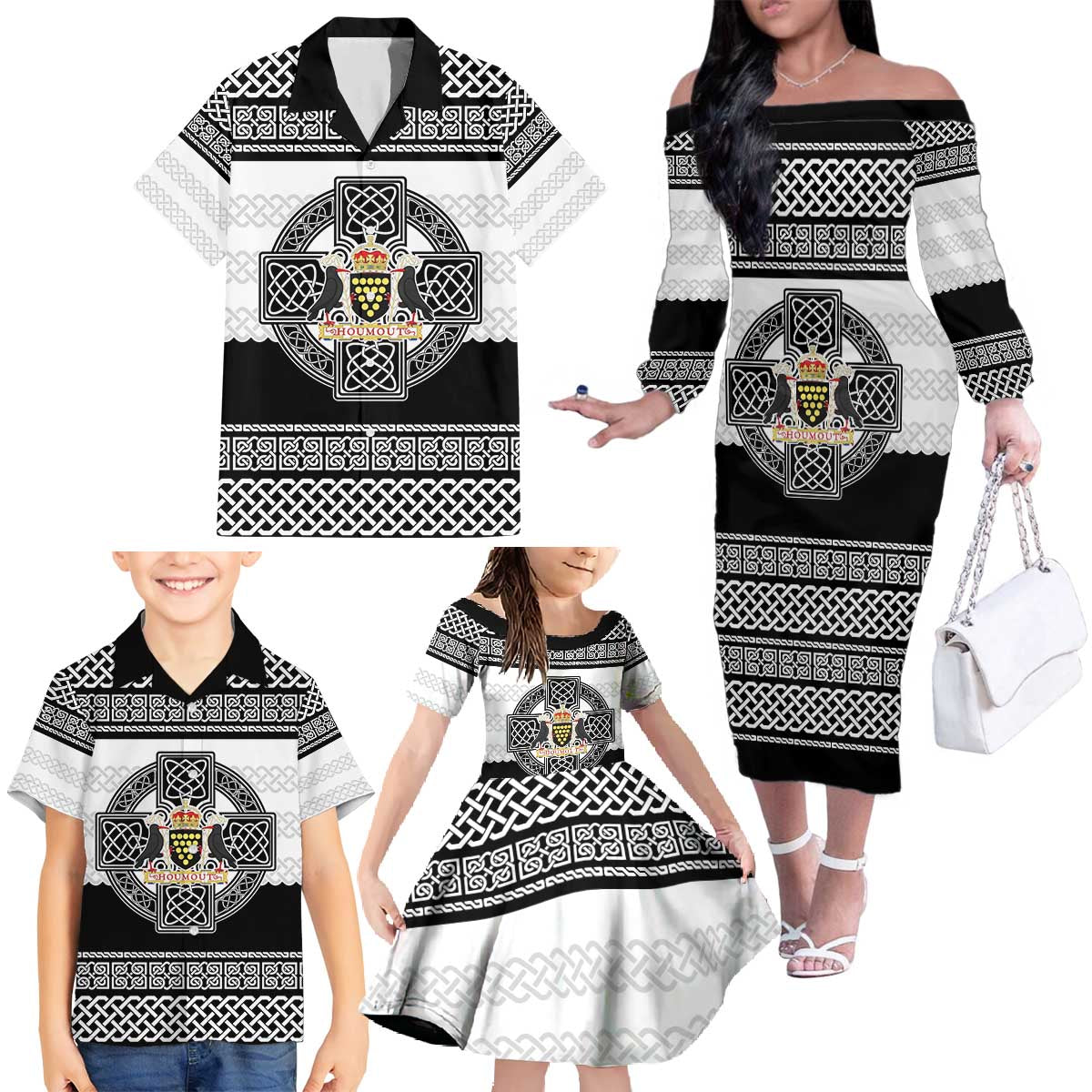 Cornwall Celtic Knot Family Matching Off The Shoulder Long Sleeve Dress and Hawaiian Shirt Celtic Nation Heritage Pride - Wonder Print Shop