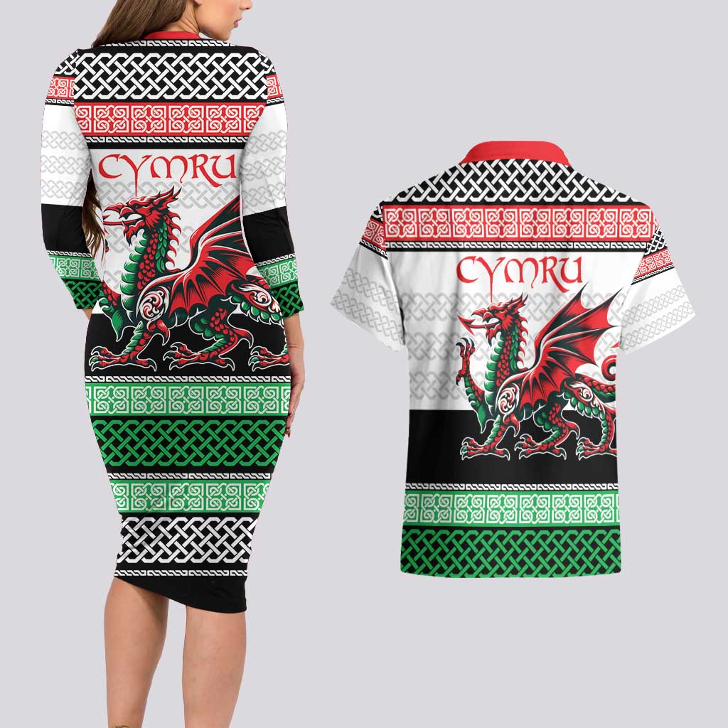 Cymru Celtic Wales Knot Couples Matching Long Sleeve Bodycon Dress and Hawaiian Shirt Celtic Nation Heritage Pride - Wonder Print Shop