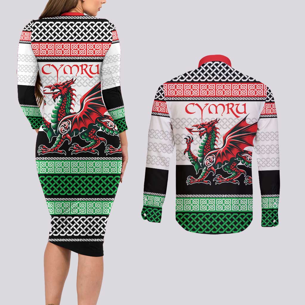 Cymru Celtic Wales Knot Couples Matching Long Sleeve Bodycon Dress and Long Sleeve Button Shirt Celtic Nation Heritage Pride - Wonder Print Shop