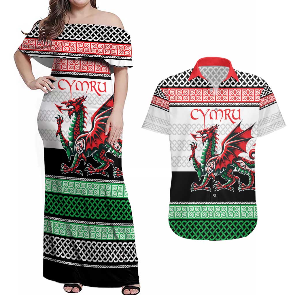 Cymru Celtic Wales Knot Couples Matching Off Shoulder Maxi Dress and Hawaiian Shirt Celtic Nation Heritage Pride - Wonder Print Shop