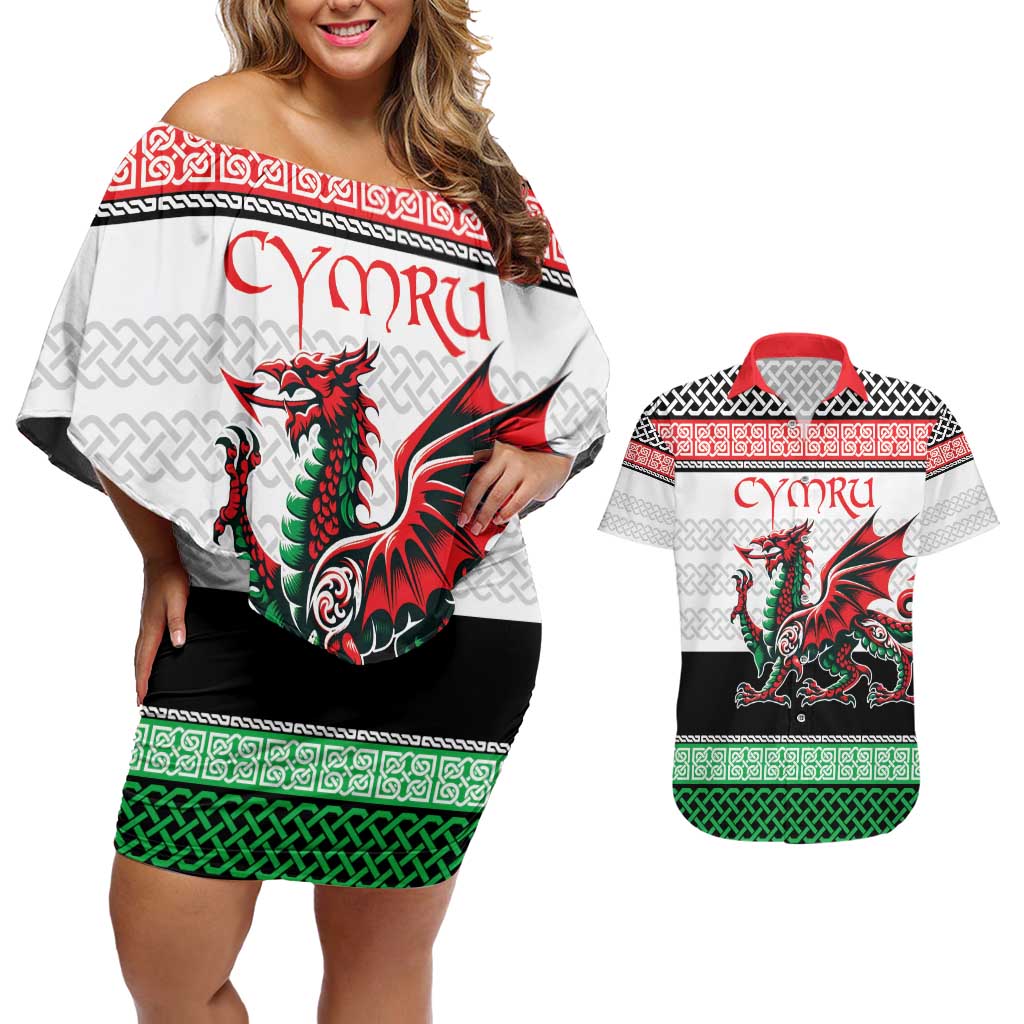 Cymru Celtic Wales Knot Couples Matching Off Shoulder Short Dress and Hawaiian Shirt Celtic Nation Heritage Pride - Wonder Print Shop