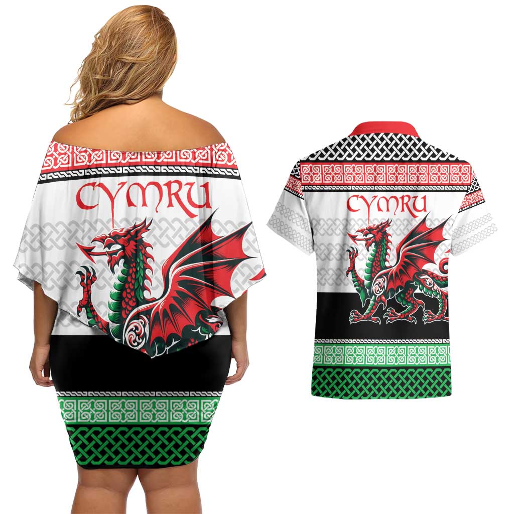 Cymru Celtic Wales Knot Couples Matching Off Shoulder Short Dress and Hawaiian Shirt Celtic Nation Heritage Pride - Wonder Print Shop