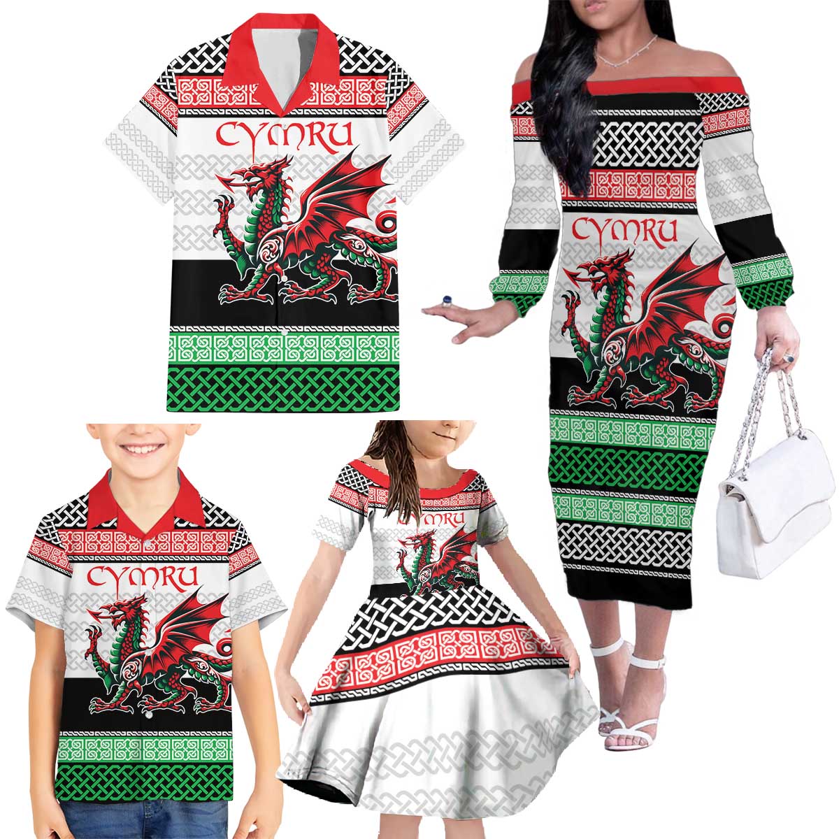 Cymru Celtic Wales Knot Family Matching Off The Shoulder Long Sleeve Dress and Hawaiian Shirt Celtic Nation Heritage Pride - Wonder Print Shop