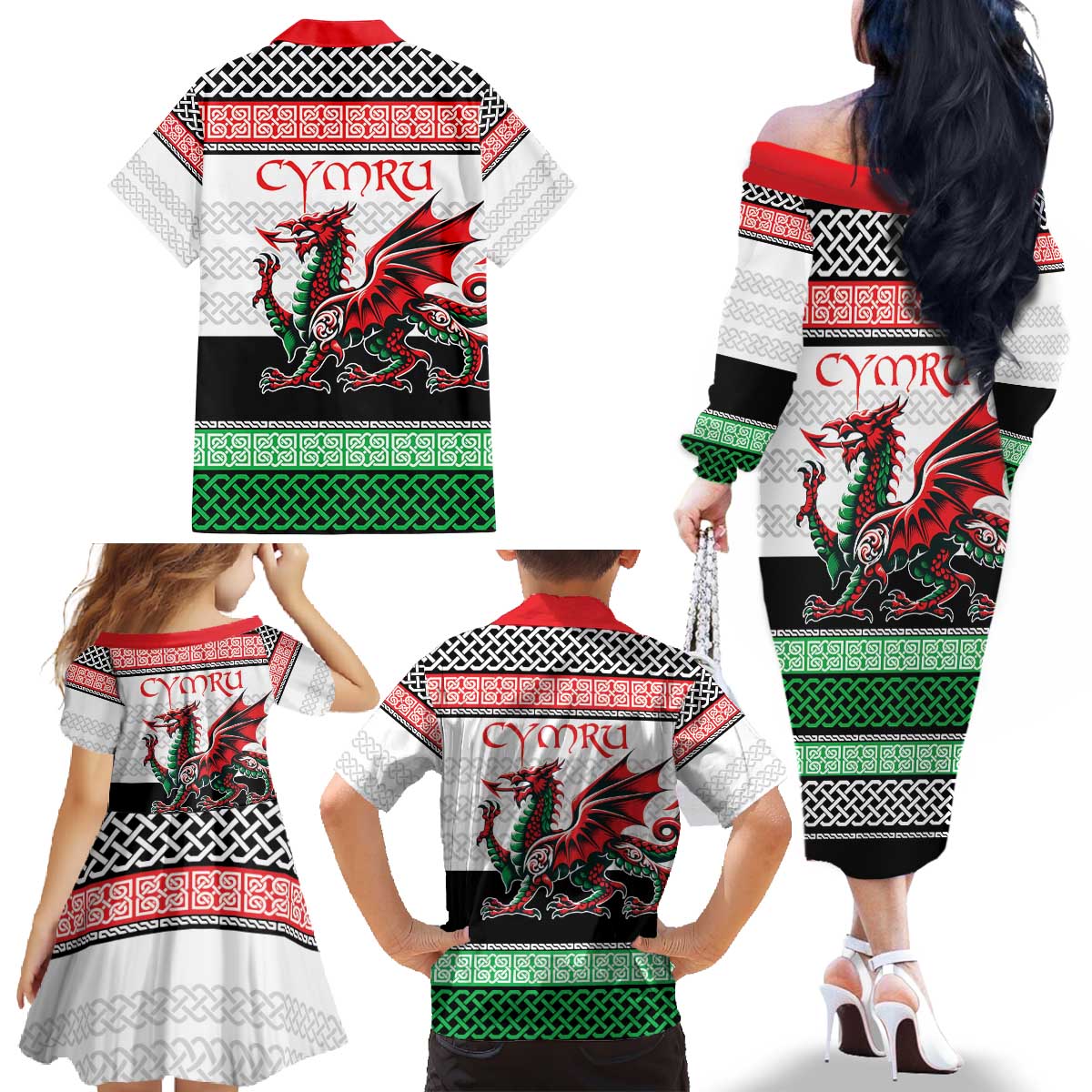 Cymru Celtic Wales Knot Family Matching Off The Shoulder Long Sleeve Dress and Hawaiian Shirt Celtic Nation Heritage Pride - Wonder Print Shop