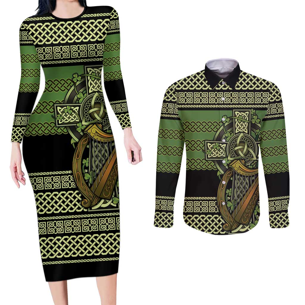 Ireland Celtic Knot Couples Matching Long Sleeve Bodycon Dress and Long Sleeve Button Shirt Celtic Nation Heritage Pride - Wonder Print Shop