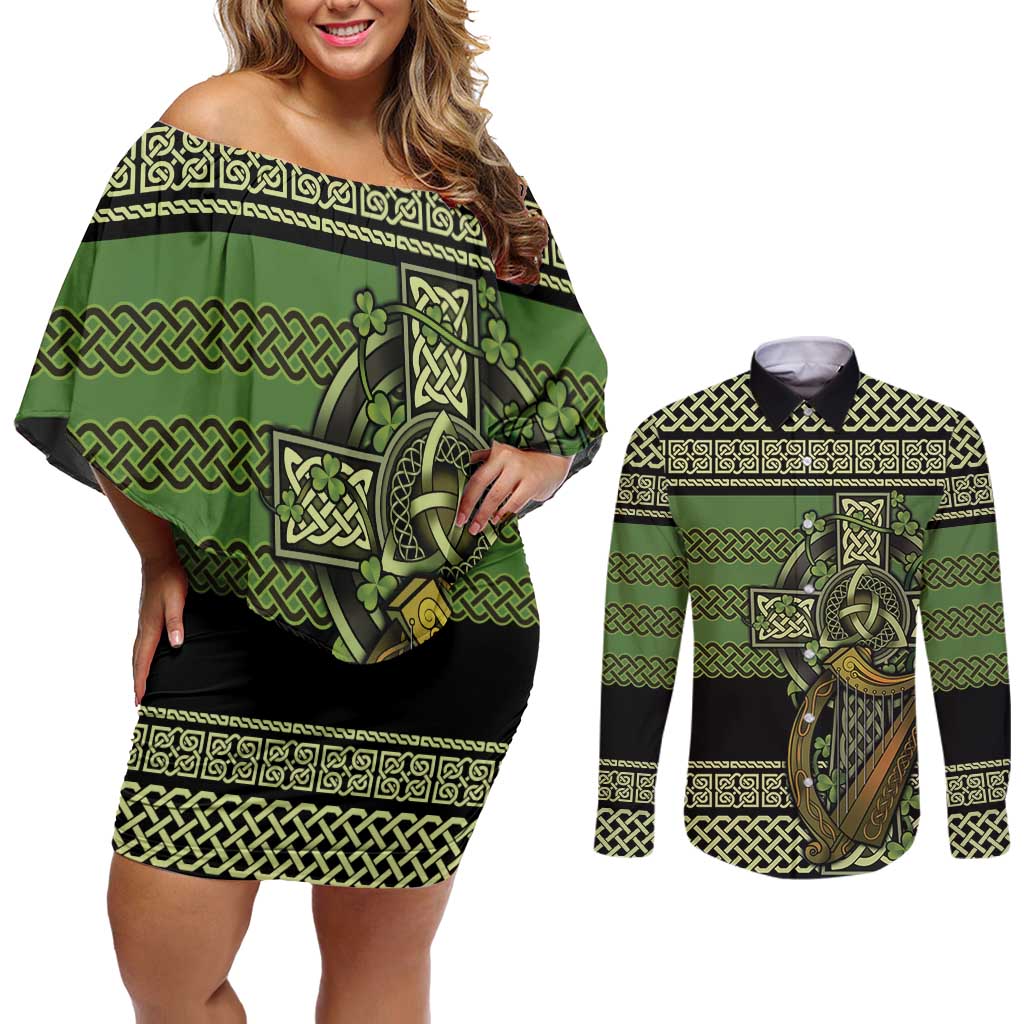 Ireland Celtic Knot Couples Matching Off Shoulder Short Dress and Long Sleeve Button Shirt Celtic Nation Heritage Pride - Wonder Print Shop