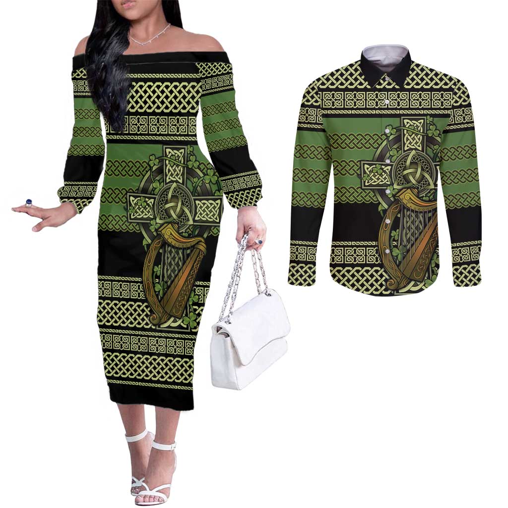 Ireland Celtic Knot Couples Matching Off The Shoulder Long Sleeve Dress and Long Sleeve Button Shirt Celtic Nation Heritage Pride - Wonder Print Shop