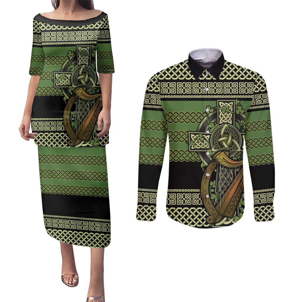 Ireland Celtic Knot Couples Matching Puletasi and Long Sleeve Button Shirt Celtic Nation Heritage Pride - Wonder Print Shop