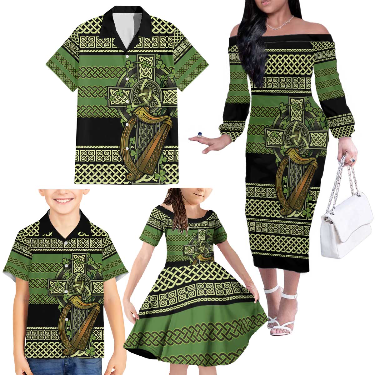 Ireland Celtic Knot Family Matching Off The Shoulder Long Sleeve Dress and Hawaiian Shirt Celtic Nation Heritage Pride - Wonder Print Shop