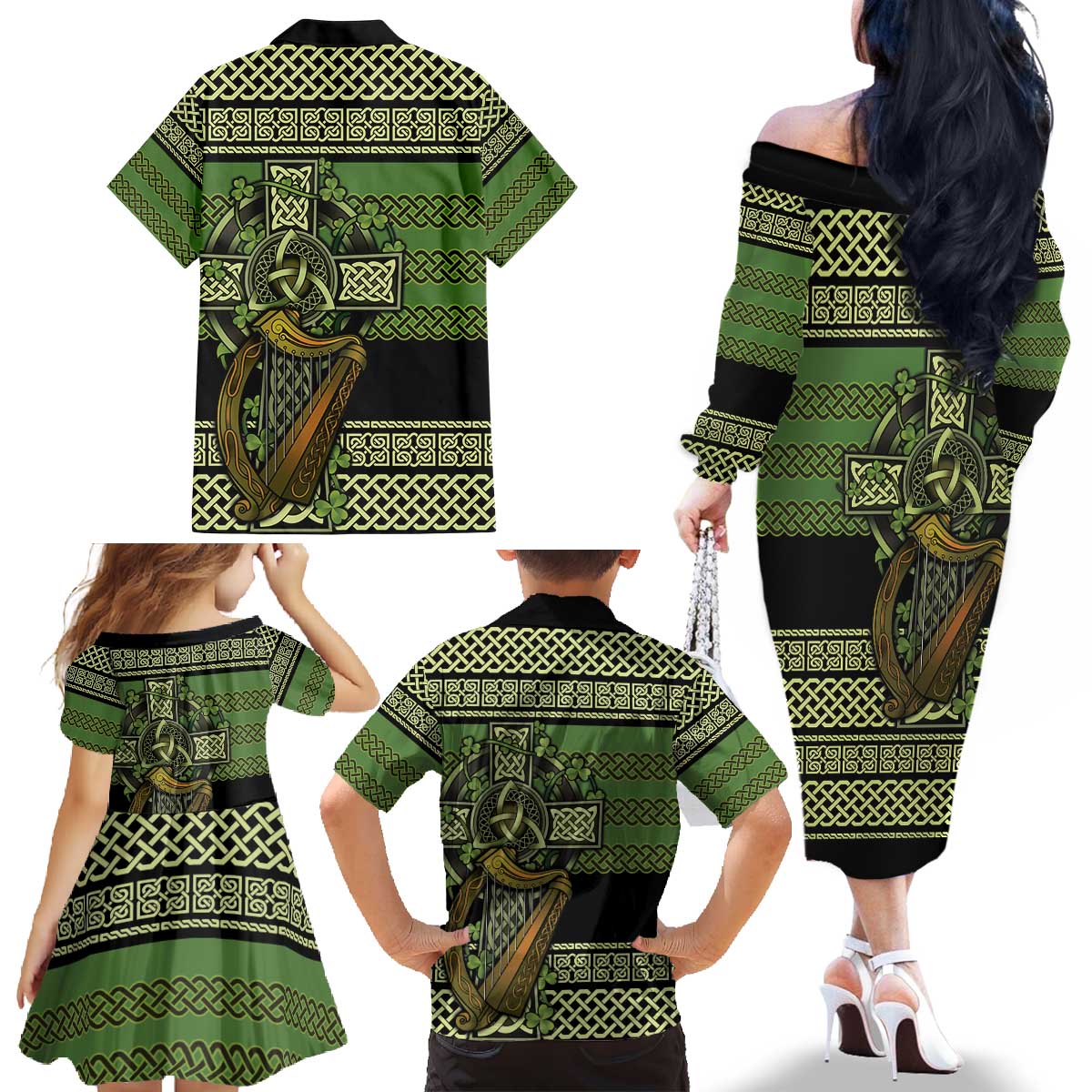 Ireland Celtic Knot Family Matching Off The Shoulder Long Sleeve Dress and Hawaiian Shirt Celtic Nation Heritage Pride - Wonder Print Shop