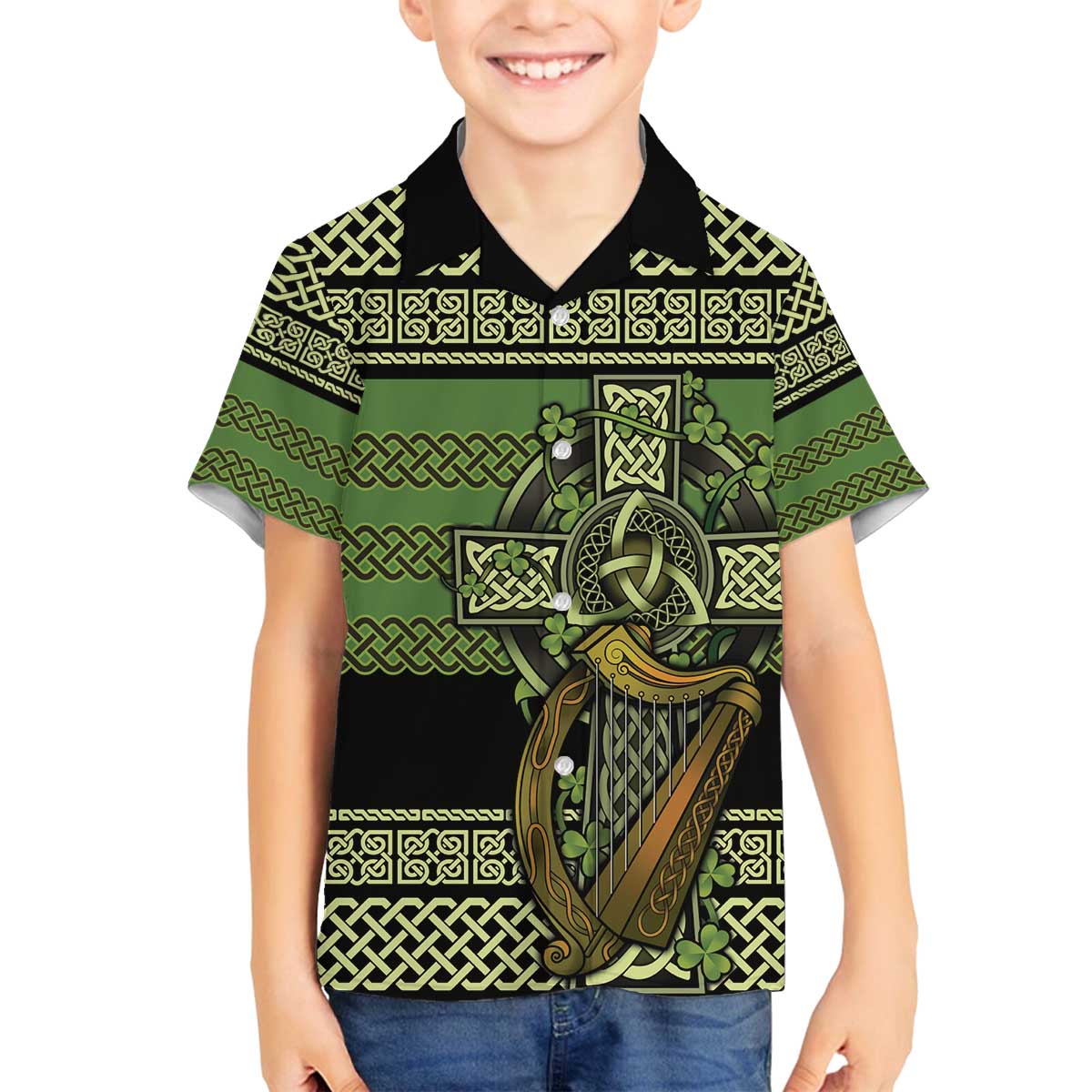 Ireland Celtic Knot Family Matching Off The Shoulder Long Sleeve Dress and Hawaiian Shirt Celtic Nation Heritage Pride - Wonder Print Shop