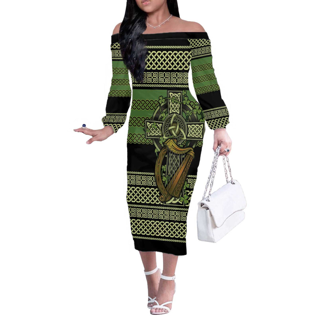 Ireland Celtic Knot Off The Shoulder Long Sleeve Dress Celtic Nation Heritage Pride - Wonder Print Shop