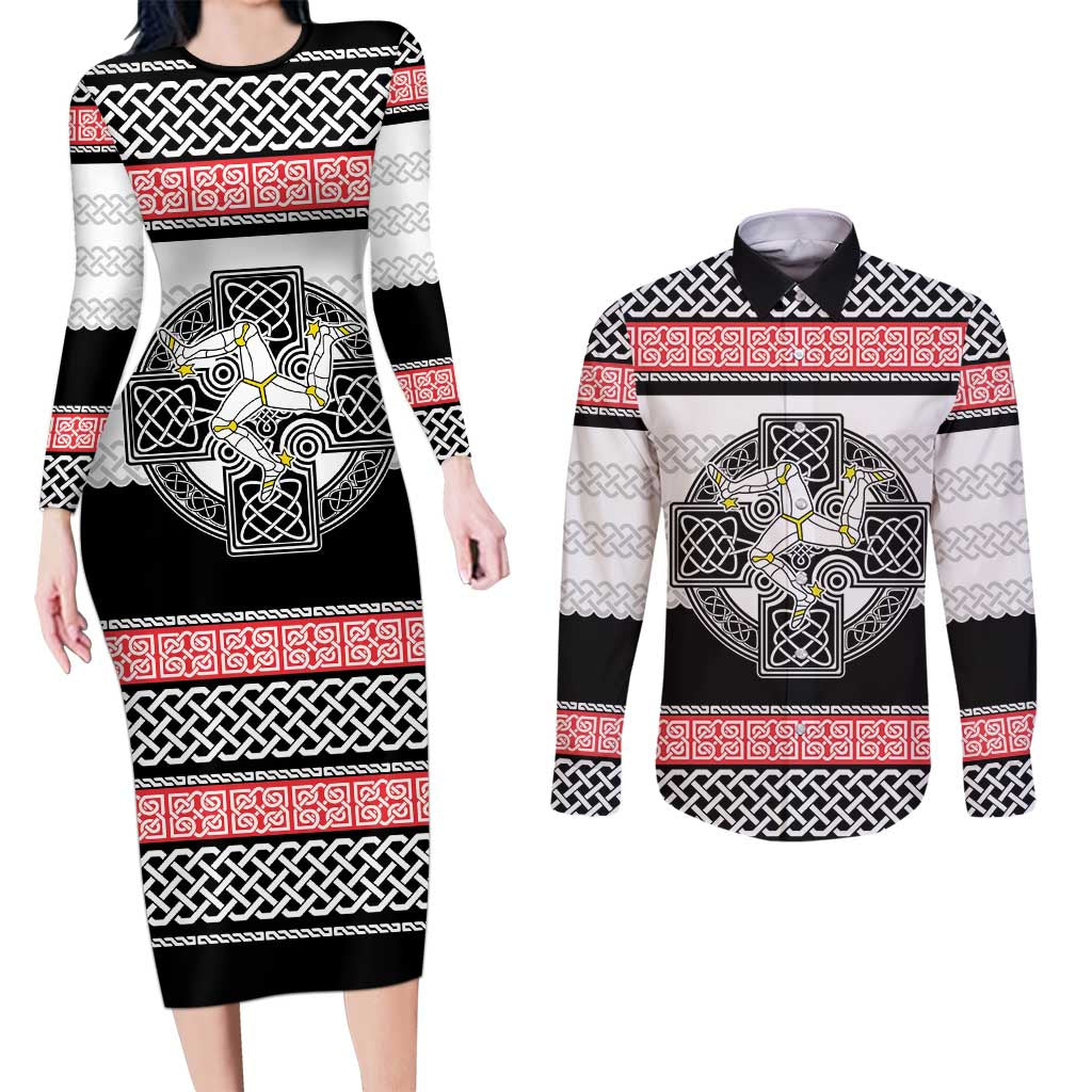 Isle of Man Celtic Knot Couples Matching Long Sleeve Bodycon Dress and Long Sleeve Button Shirt Celtic Nation Heritage Pride - Wonder Print Shop