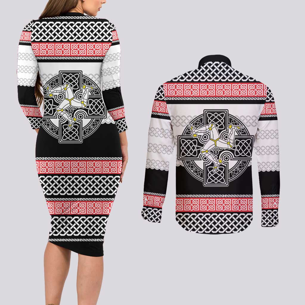 Isle of Man Celtic Knot Couples Matching Long Sleeve Bodycon Dress and Long Sleeve Button Shirt Celtic Nation Heritage Pride - Wonder Print Shop