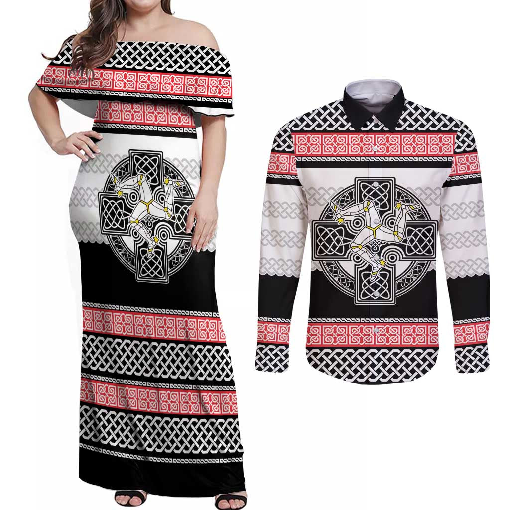 Isle of Man Celtic Knot Couples Matching Off Shoulder Maxi Dress and Long Sleeve Button Shirt Celtic Nation Heritage Pride - Wonder Print Shop