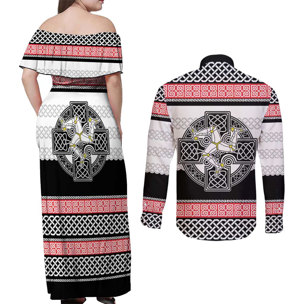 Isle of Man Celtic Knot Couples Matching Off Shoulder Maxi Dress and Long Sleeve Button Shirt Celtic Nation Heritage Pride - Wonder Print Shop