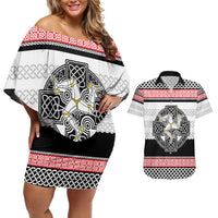 Isle of Man Celtic Knot Couples Matching Off Shoulder Short Dress and Hawaiian Shirt Celtic Nation Heritage Pride - Wonder Print Shop