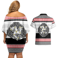 Isle of Man Celtic Knot Couples Matching Off Shoulder Short Dress and Hawaiian Shirt Celtic Nation Heritage Pride - Wonder Print Shop