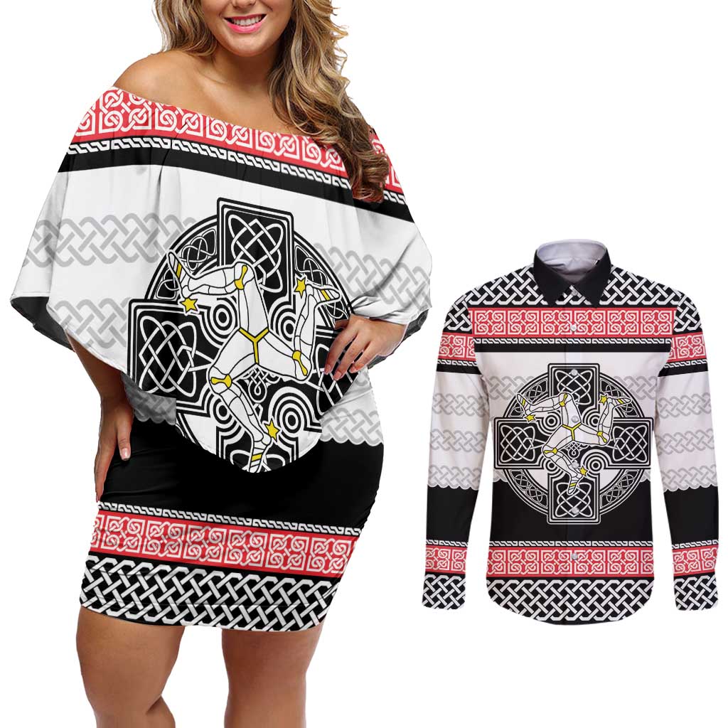 Isle of Man Celtic Knot Couples Matching Off Shoulder Short Dress and Long Sleeve Button Shirt Celtic Nation Heritage Pride - Wonder Print Shop