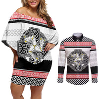 Isle of Man Celtic Knot Couples Matching Off Shoulder Short Dress and Long Sleeve Button Shirt Celtic Nation Heritage Pride - Wonder Print Shop