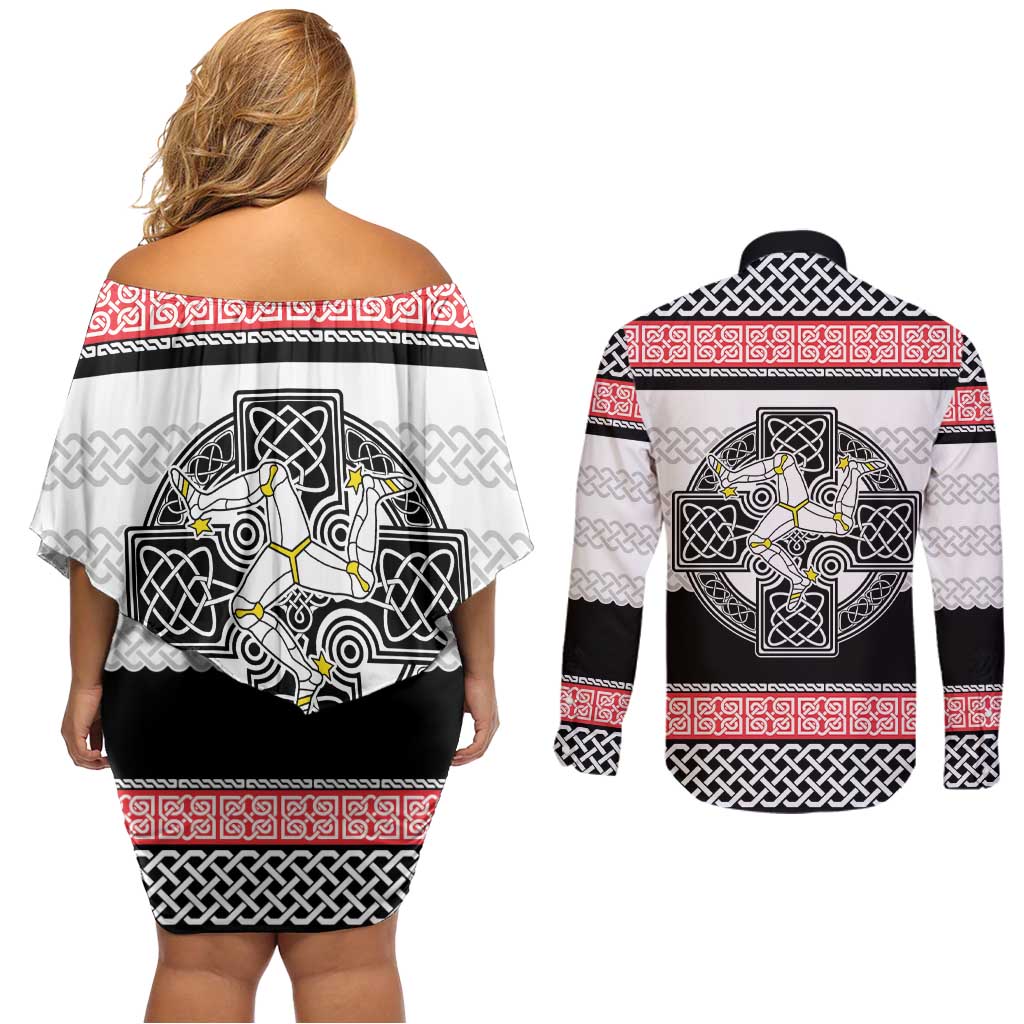 Isle of Man Celtic Knot Couples Matching Off Shoulder Short Dress and Long Sleeve Button Shirt Celtic Nation Heritage Pride - Wonder Print Shop