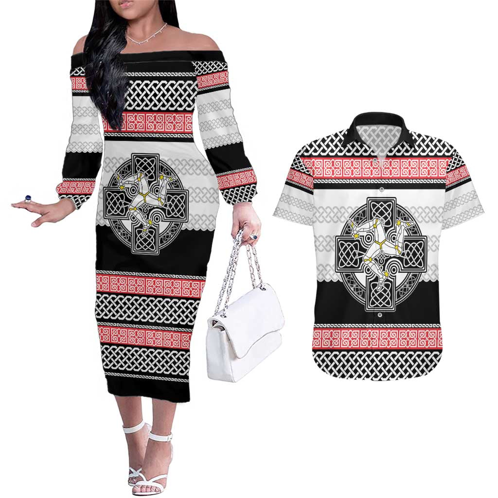 Isle of Man Celtic Knot Couples Matching Off The Shoulder Long Sleeve Dress and Hawaiian Shirt Celtic Nation Heritage Pride - Wonder Print Shop