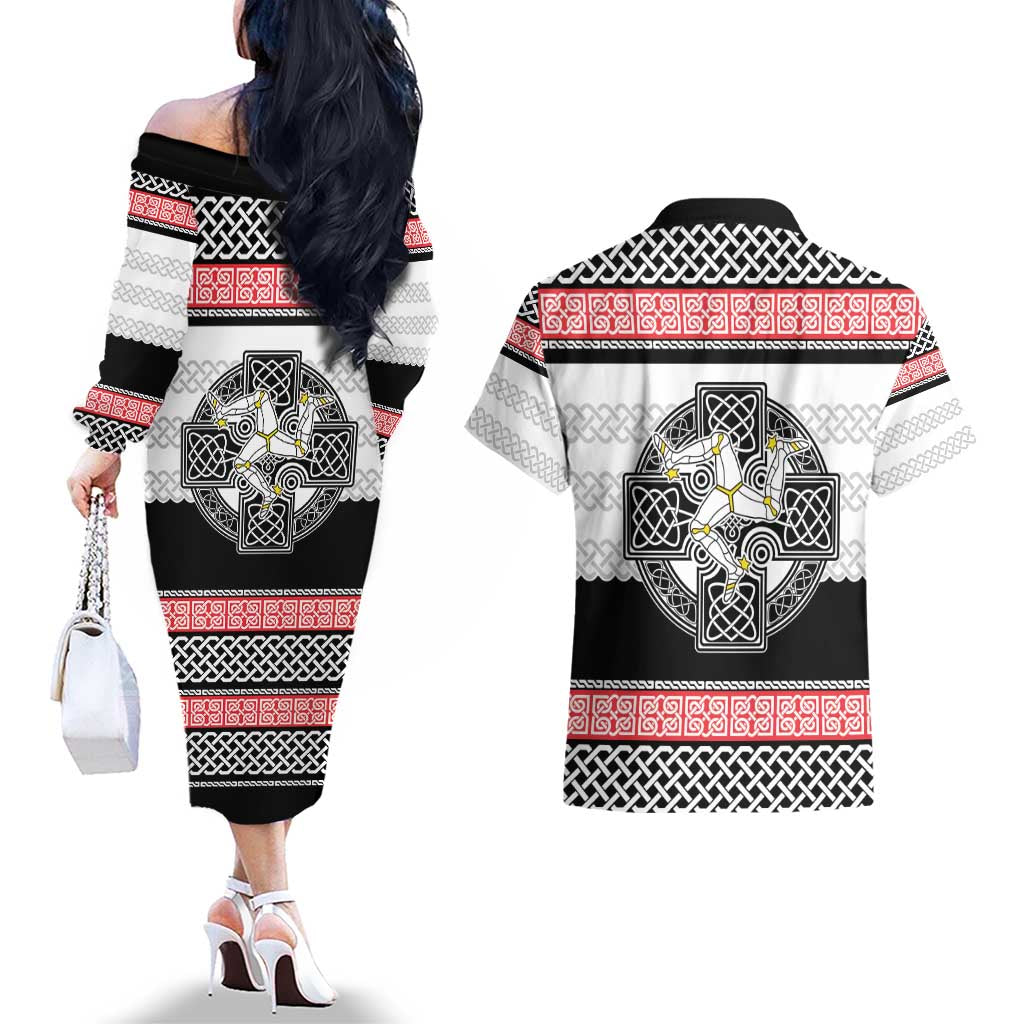 Isle of Man Celtic Knot Couples Matching Off The Shoulder Long Sleeve Dress and Hawaiian Shirt Celtic Nation Heritage Pride - Wonder Print Shop