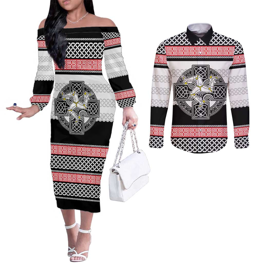 Isle of Man Celtic Knot Couples Matching Off The Shoulder Long Sleeve Dress and Long Sleeve Button Shirt Celtic Nation Heritage Pride - Wonder Print Shop