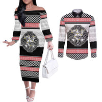 Isle of Man Celtic Knot Couples Matching Off The Shoulder Long Sleeve Dress and Long Sleeve Button Shirt Celtic Nation Heritage Pride - Wonder Print Shop