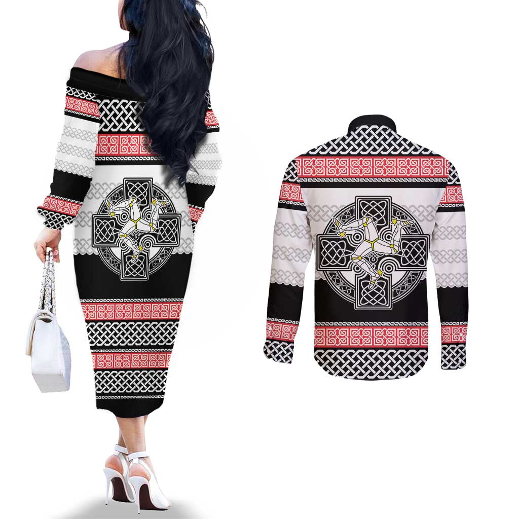 Isle of Man Celtic Knot Couples Matching Off The Shoulder Long Sleeve Dress and Long Sleeve Button Shirt Celtic Nation Heritage Pride - Wonder Print Shop