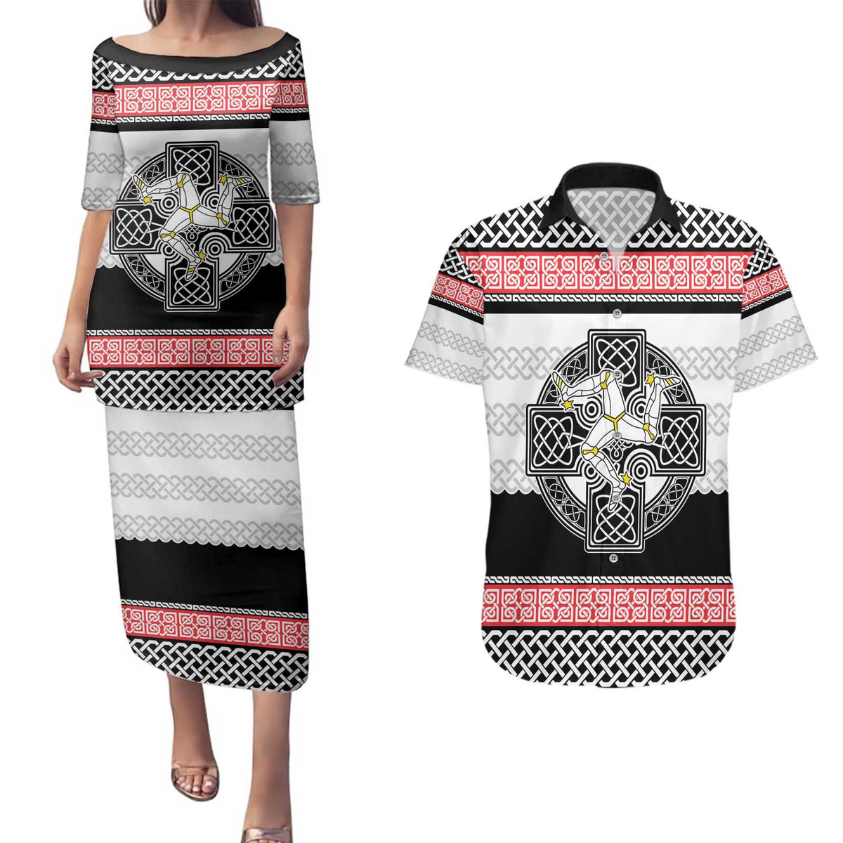 Isle of Man Celtic Knot Couples Matching Puletasi and Hawaiian Shirt Celtic Nation Heritage Pride - Wonder Print Shop