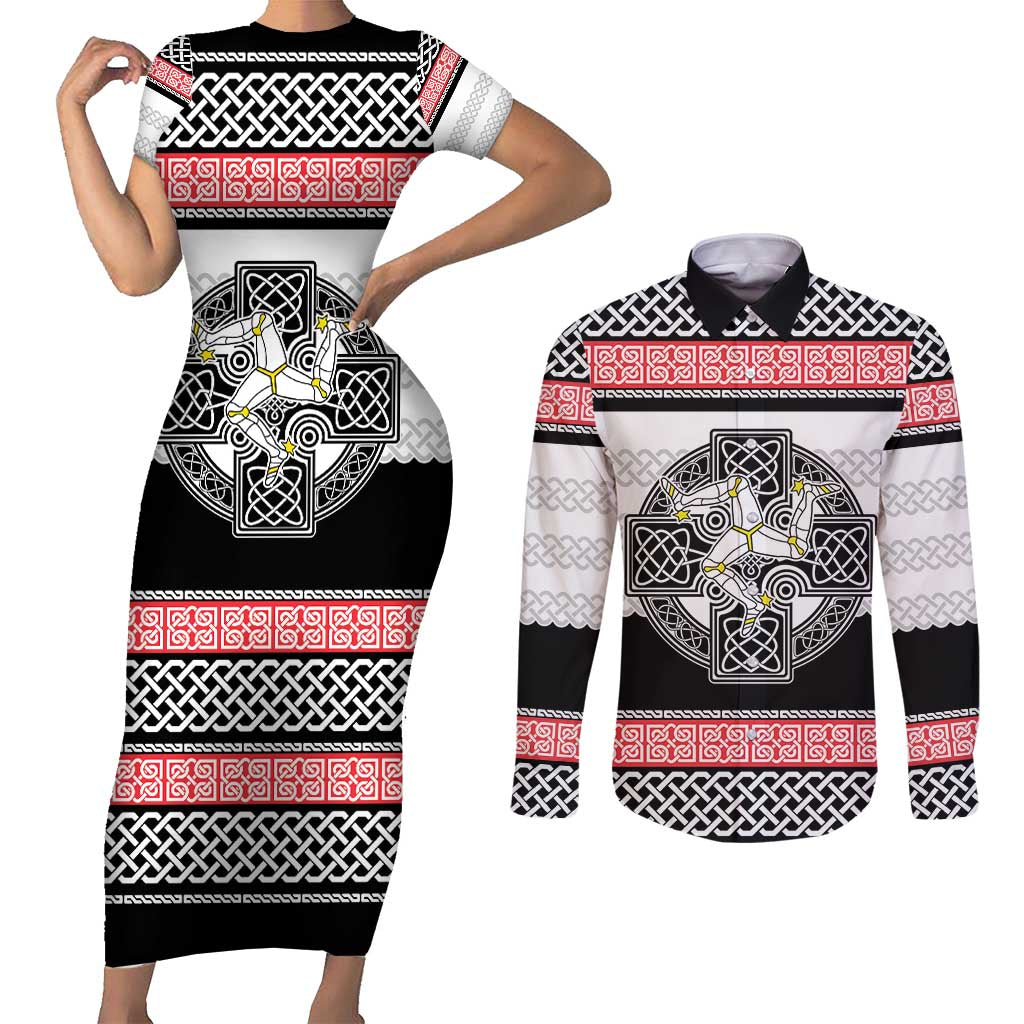 Isle of Man Celtic Knot Couples Matching Short Sleeve Bodycon Dress and Long Sleeve Button Shirt Celtic Nation Heritage Pride - Wonder Print Shop