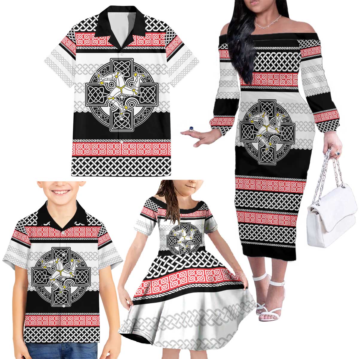 Isle of Man Celtic Knot Family Matching Off The Shoulder Long Sleeve Dress and Hawaiian Shirt Celtic Nation Heritage Pride - Wonder Print Shop