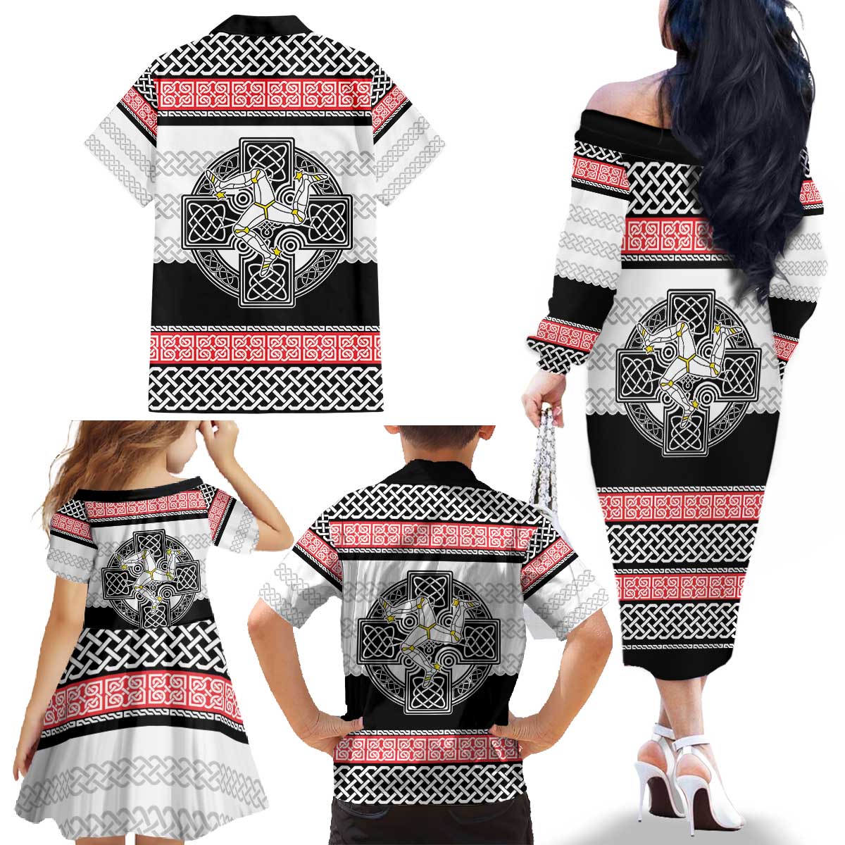 Isle of Man Celtic Knot Family Matching Off The Shoulder Long Sleeve Dress and Hawaiian Shirt Celtic Nation Heritage Pride - Wonder Print Shop