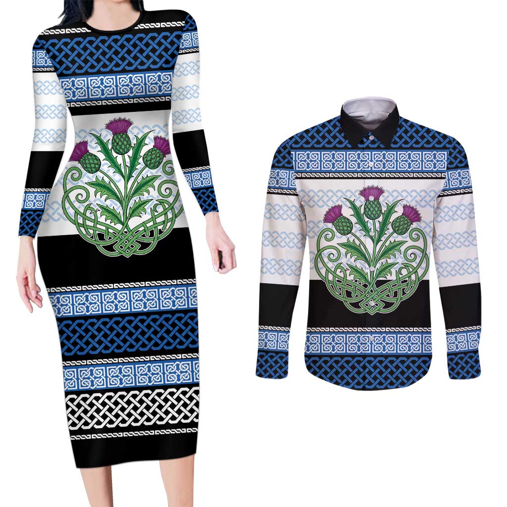 Scotland Celtic Knot Couples Matching Long Sleeve Bodycon Dress and Long Sleeve Button Shirt Celtic Nation Heritage Pride - Wonder Print Shop
