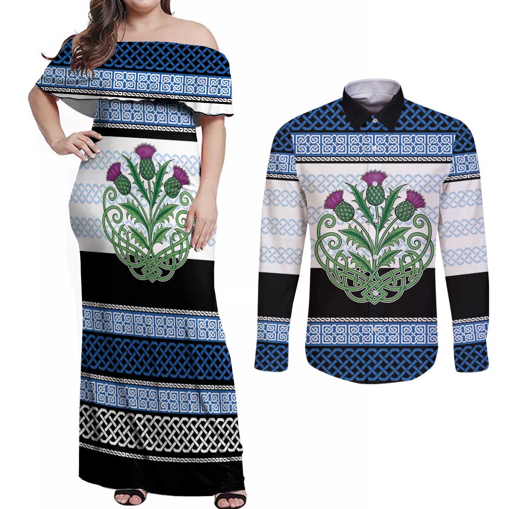 Scotland Celtic Knot Couples Matching Off Shoulder Maxi Dress and Long Sleeve Button Shirt Celtic Nation Heritage Pride - Wonder Print Shop