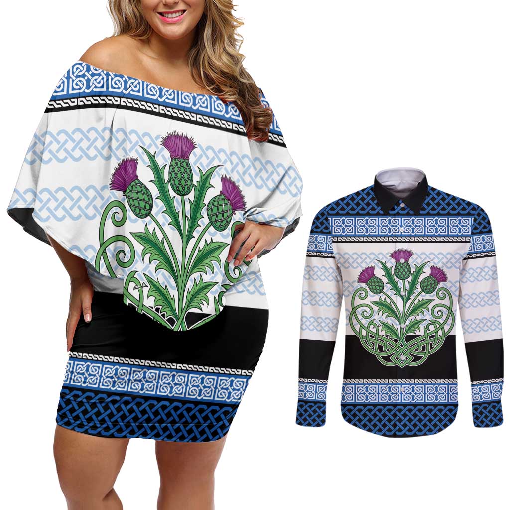 Scotland Celtic Knot Couples Matching Off Shoulder Short Dress and Long Sleeve Button Shirt Celtic Nation Heritage Pride - Wonder Print Shop