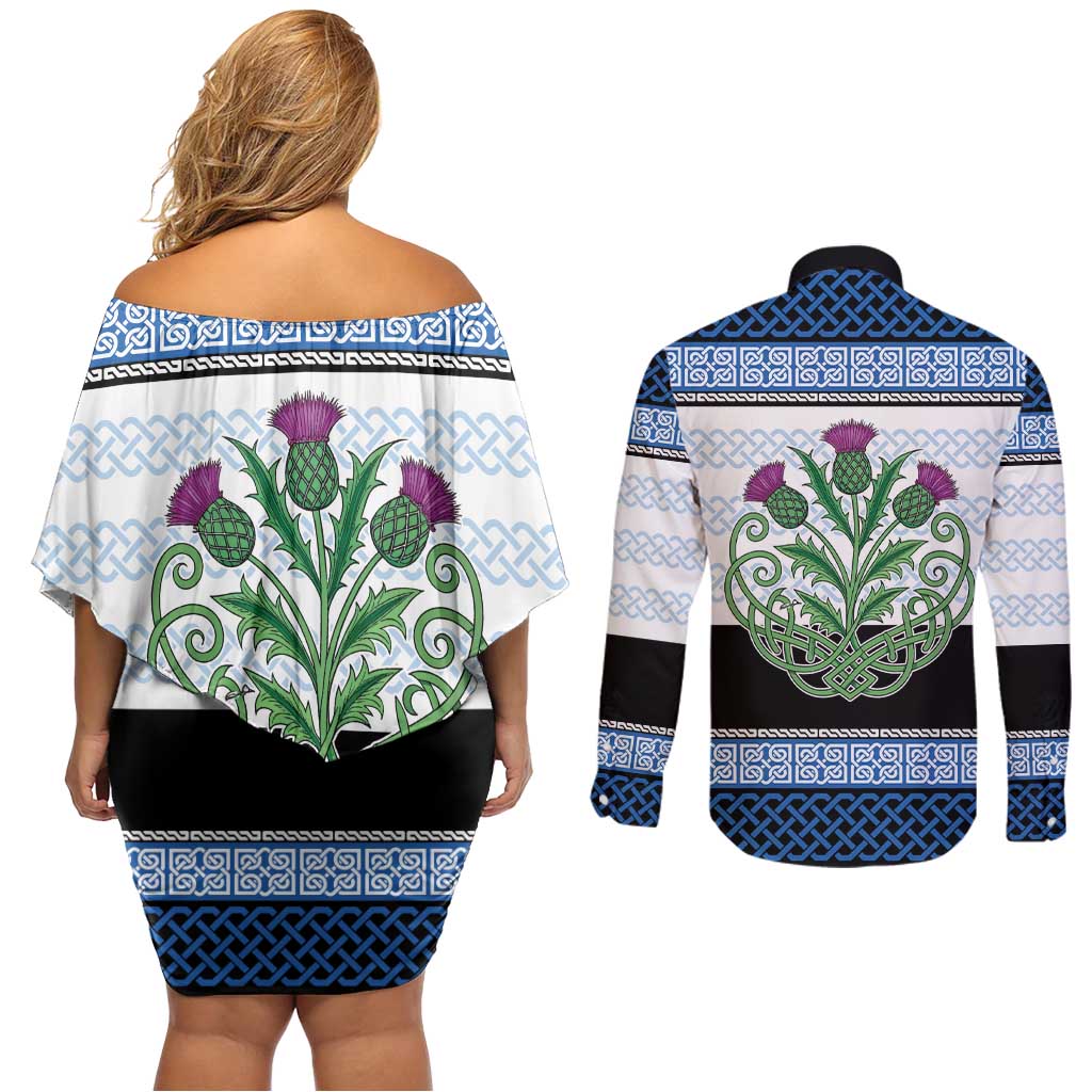 Scotland Celtic Knot Couples Matching Off Shoulder Short Dress and Long Sleeve Button Shirt Celtic Nation Heritage Pride - Wonder Print Shop
