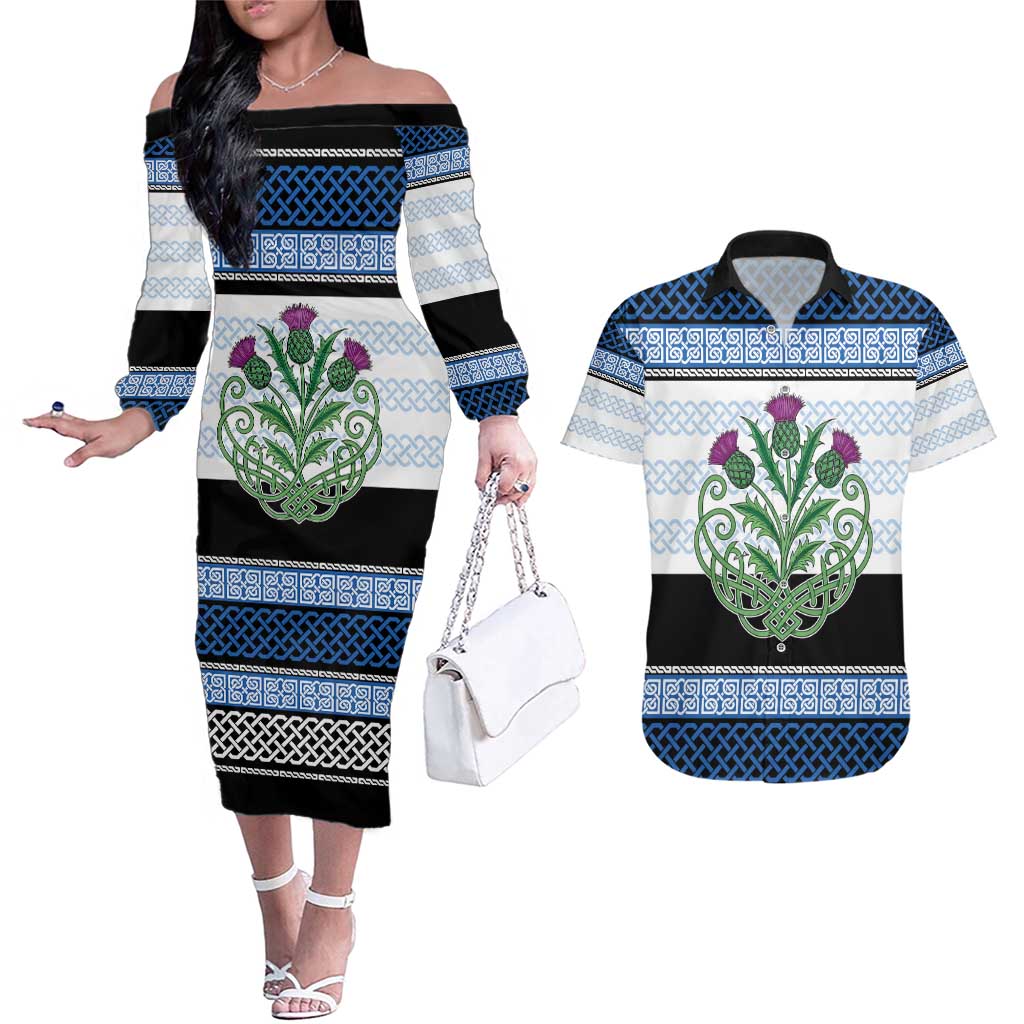 Scotland Celtic Knot Couples Matching Off The Shoulder Long Sleeve Dress and Hawaiian Shirt Celtic Nation Heritage Pride - Wonder Print Shop