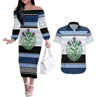 Scotland Celtic Knot Couples Matching Off The Shoulder Long Sleeve Dress and Hawaiian Shirt Celtic Nation Heritage Pride - Wonder Print Shop