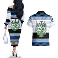 Scotland Celtic Knot Couples Matching Off The Shoulder Long Sleeve Dress and Hawaiian Shirt Celtic Nation Heritage Pride - Wonder Print Shop