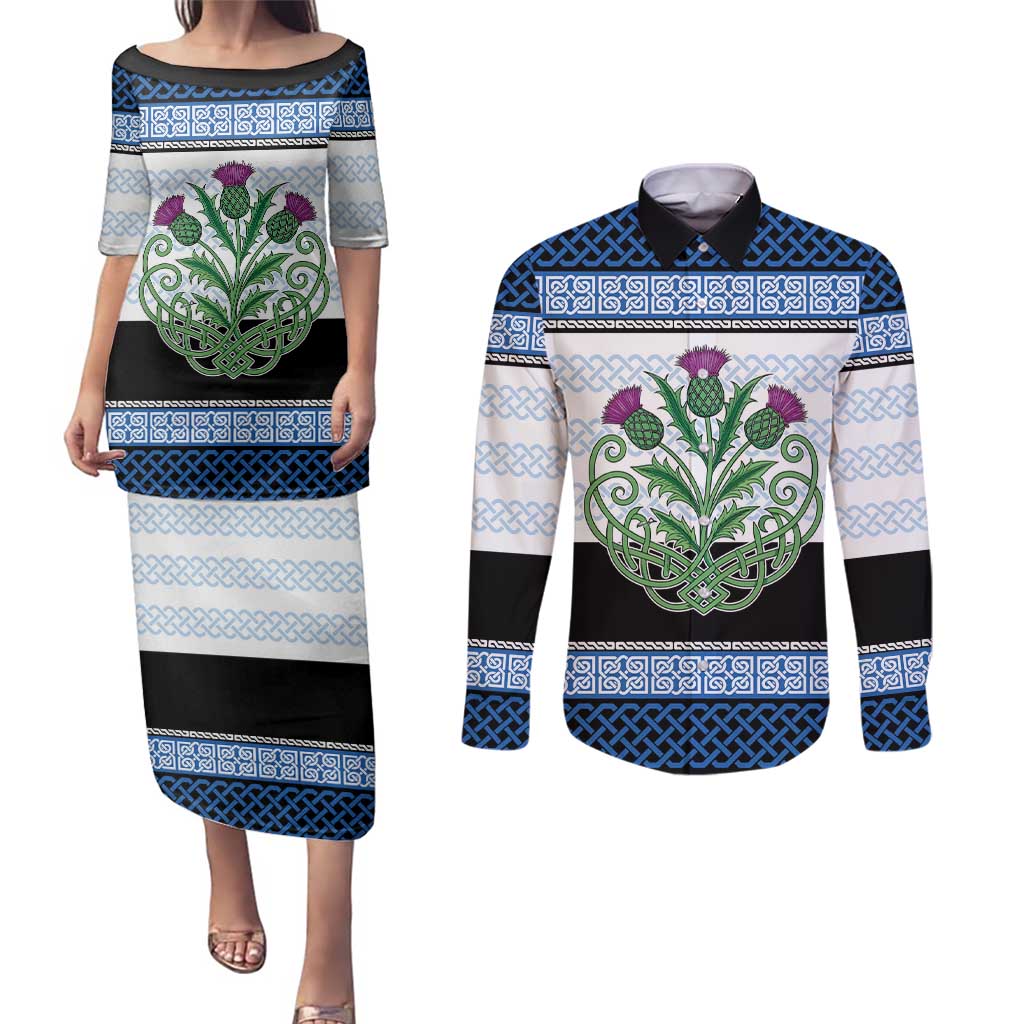 Scotland Celtic Knot Couples Matching Puletasi and Long Sleeve Button Shirt Celtic Nation Heritage Pride - Wonder Print Shop