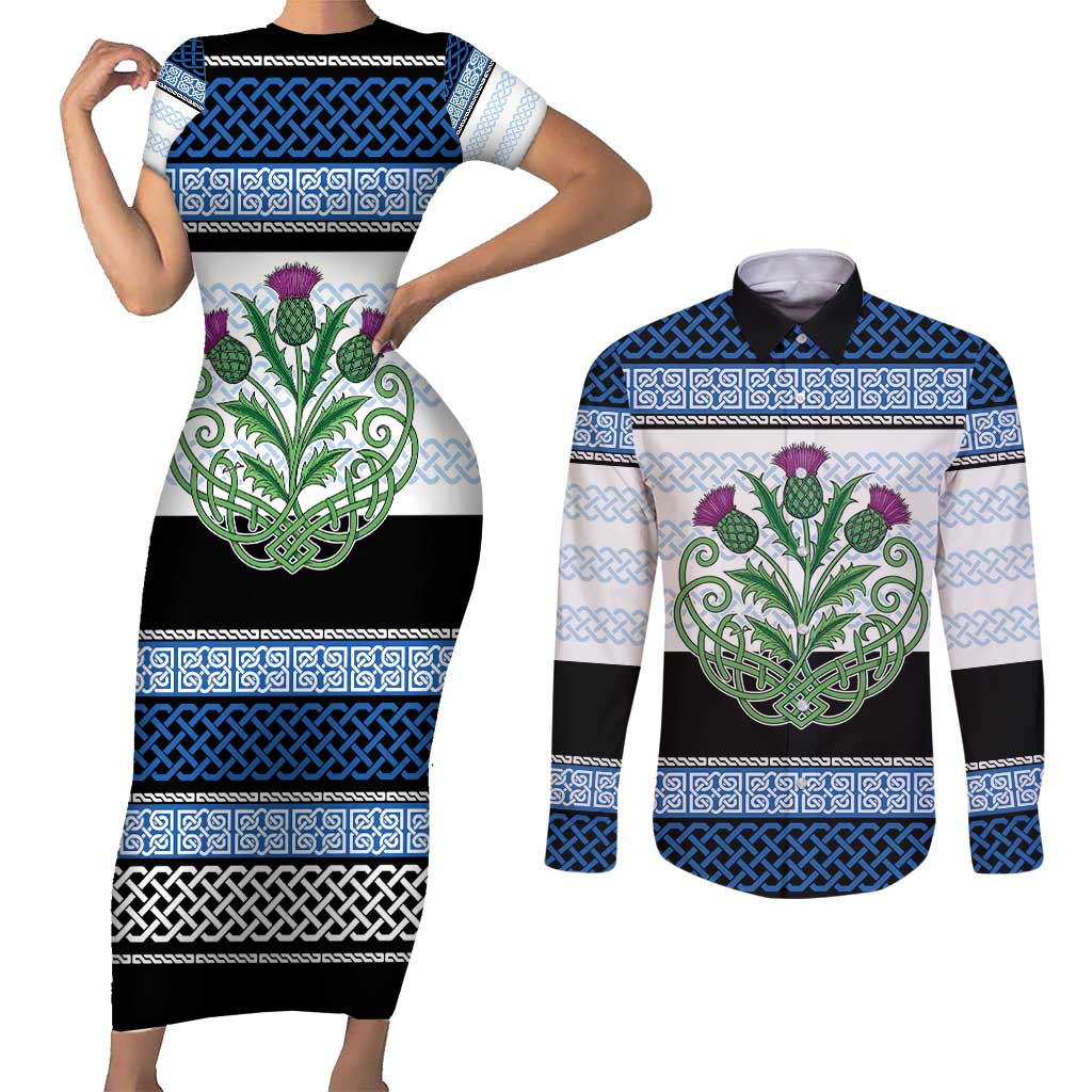 Scotland Celtic Knot Couples Matching Short Sleeve Bodycon Dress and Long Sleeve Button Shirt Celtic Nation Heritage Pride - Wonder Print Shop