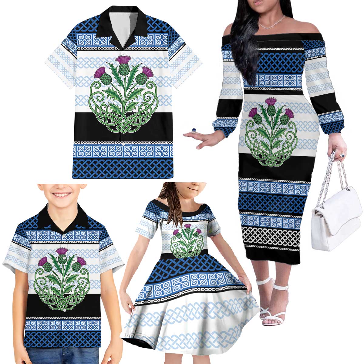 Scotland Celtic Knot Family Matching Off The Shoulder Long Sleeve Dress and Hawaiian Shirt Celtic Nation Heritage Pride - Wonder Print Shop