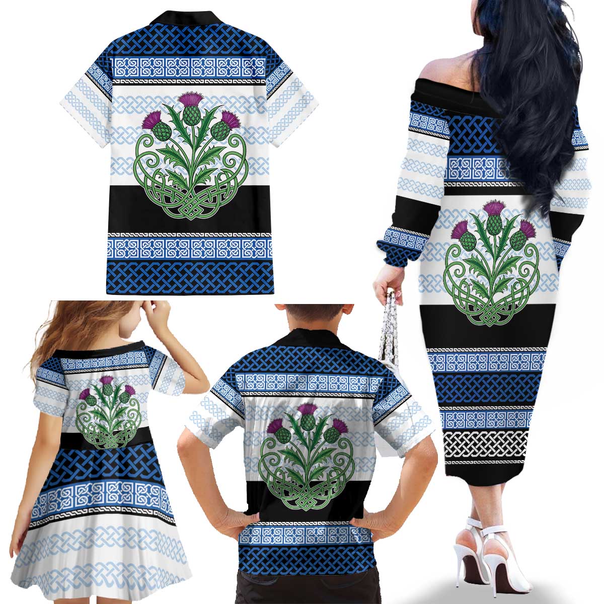 Scotland Celtic Knot Family Matching Off The Shoulder Long Sleeve Dress and Hawaiian Shirt Celtic Nation Heritage Pride - Wonder Print Shop