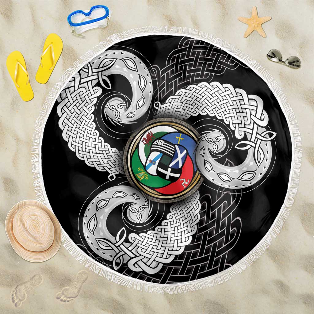 Six Celtic Countries Heritage Beach Blanket Black Celtic Knot Triskelion - Wonder Print Shop