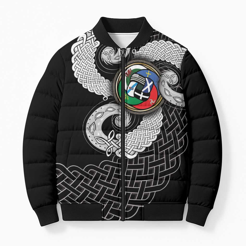 Six Celtic Countries Heritage Bomber Puffer Jacket Black Celtic Knot Triskelion - Wonder Print Shop