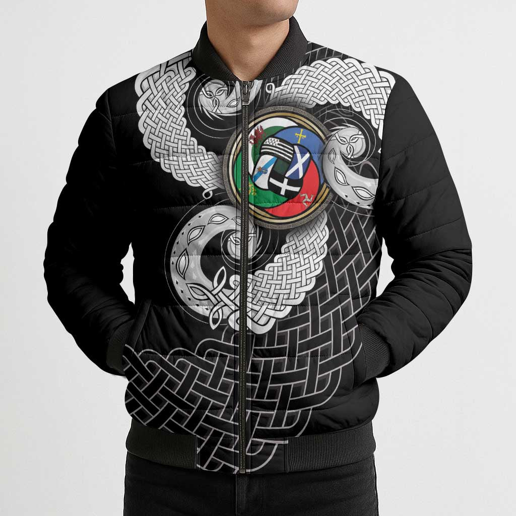 Six Celtic Countries Heritage Bomber Puffer Jacket Black Celtic Knot Triskelion - Wonder Print Shop