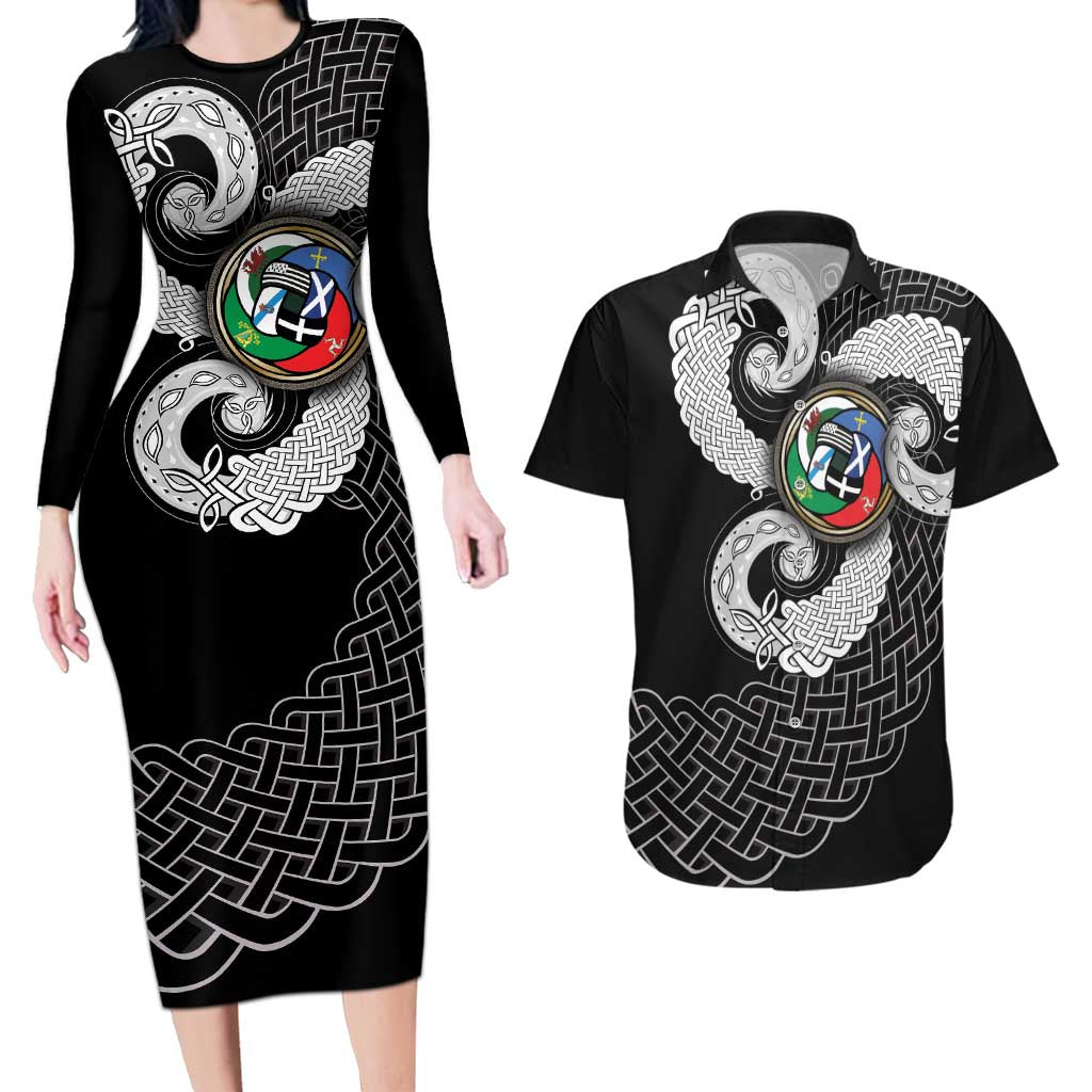 Six Celtic Countries Heritage Couples Matching Long Sleeve Bodycon Dress and Hawaiian Shirt Black Celtic Knot Triskelion - Wonder Print Shop