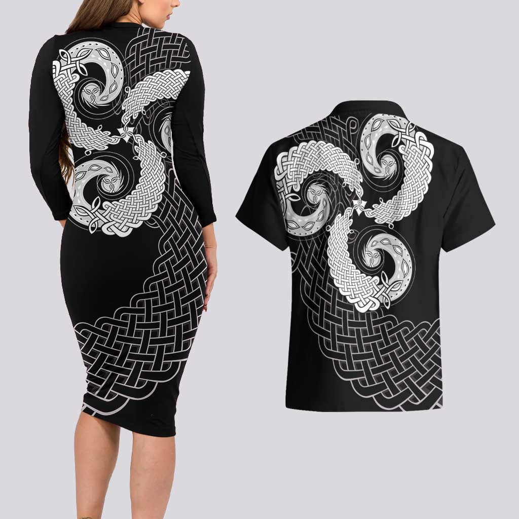 Six Celtic Countries Heritage Couples Matching Long Sleeve Bodycon Dress and Hawaiian Shirt Black Celtic Knot Triskelion - Wonder Print Shop